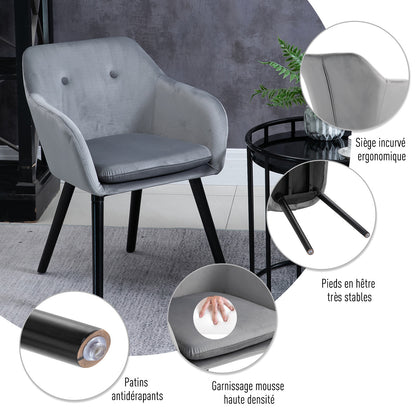 HOMCOM Dining Room Chairs Kitchen Chair Living Room Scandinavian Chairs - Set of 2 - Tapered Legs Black Wood - Grey Velvet