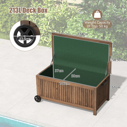 Houten Opbergbox Buiten – Tuinkist – Opbergbank – Bergkist – Tuinbox – 213 Liter Inhoud – Vurenhout Met Wieltjes En Handvat