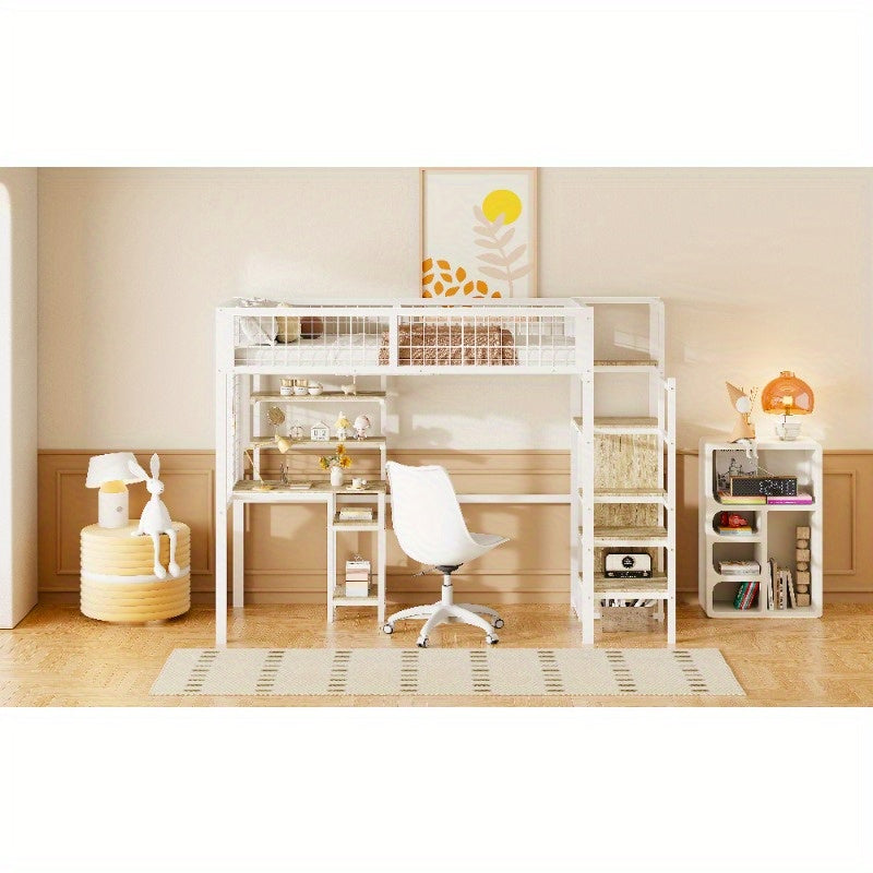 Hoogslaper – Kinderhoogslaper – Stapelbed – Eenpersoonsbed – Kinderbed – Met Veiligheidsladder – Metalen Kledingkast en Wit Bureau – 90x200 cm – Ruimtebesparend Design