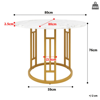Round Dining Table (80×80×76cm), 4-Person Kitchen Coffee Table, Stylish Metal Legs with MDF Marble Top, Perfect for Living Room or Dining Room – Golden Finish