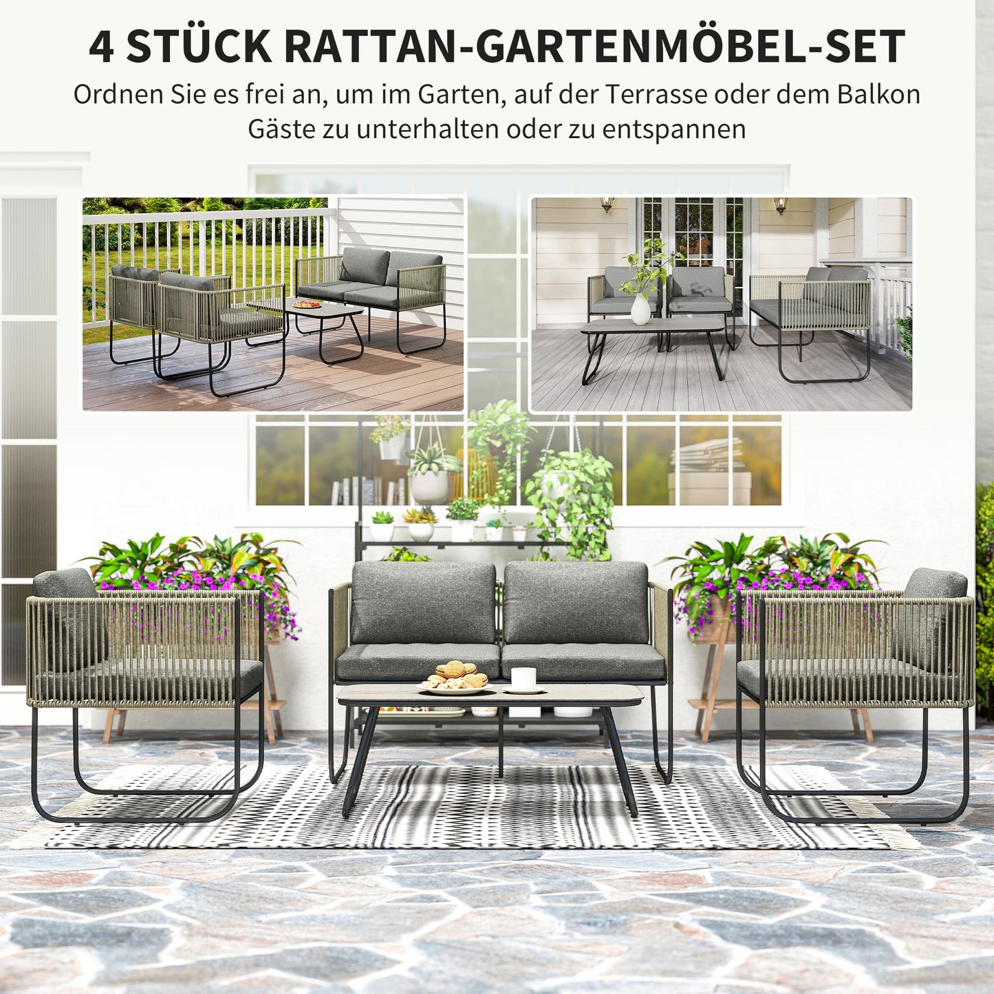 Tuinmeubelset Polyrattan – Loungeset Buiten – Tuinset Balkon – Outdoor Meubelset – Loveseat Fauteuils – Weerbestendig PE-Rattan – Verstelbare Poten Donkergrijs