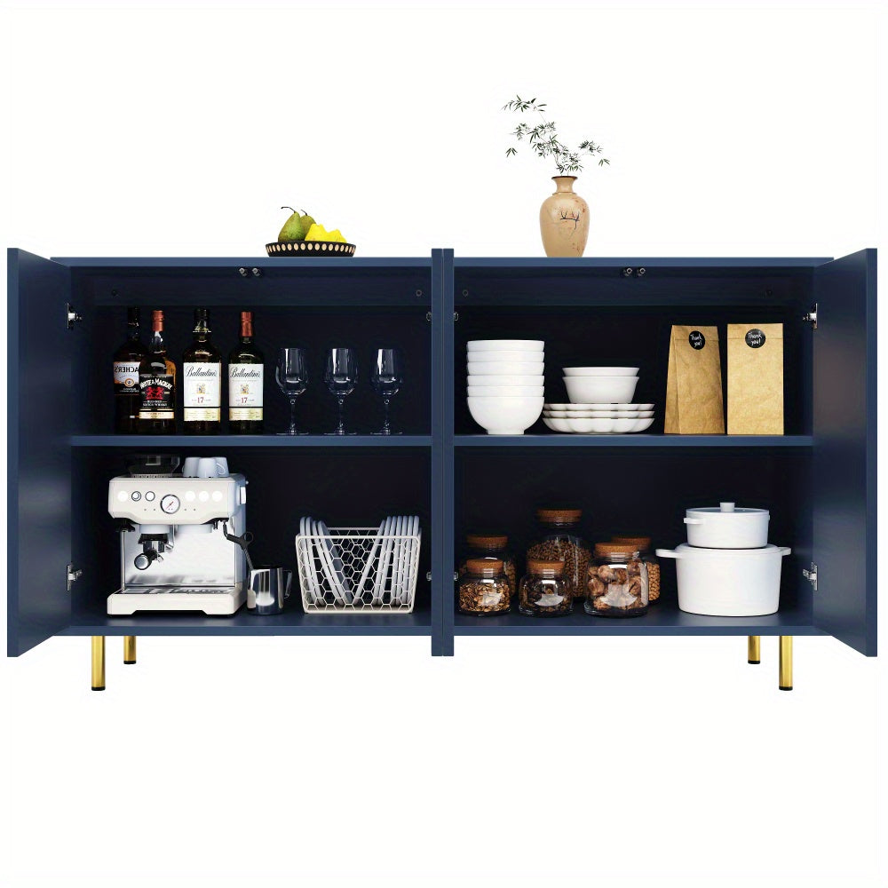 Opbergkast – Kast – Bergkast – Dressoir – Vitrinekast – Donkerblauw Met Gouden Accenten – Verticale Deuren – Stevige Metalen Poot – Hardhouten MDF – 140x40x85 cm