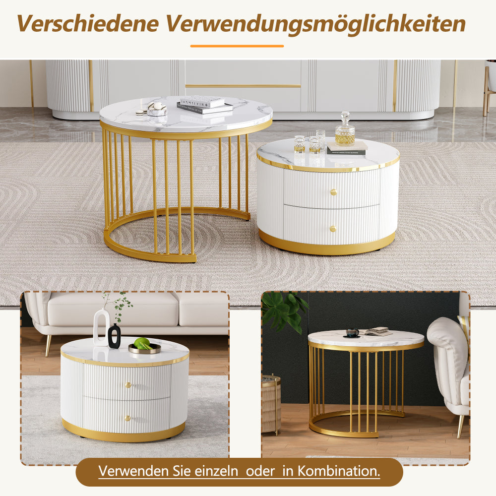 Modern Nesting Coffee Table Set with Two Drawers - Space-Saving Stackable Design, Marble-Like Round Tabletops, Metal Frame & High-Gloss Finish, 60x60x45.5cm & 50x50x32cm, 30kg Weight Capacity, Easy Assembly for Small Living R