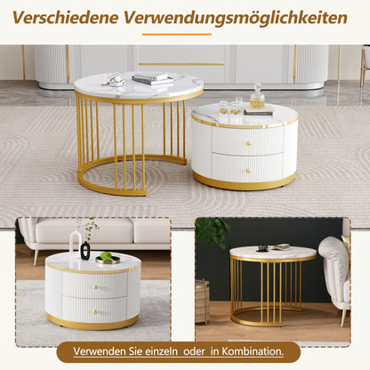 Modern Nesting Coffee Table Set with Two Drawers - Space-Saving Stackable Design, Marble-Like Round Tabletops, Metal Frame & High-Gloss Finish, 60x60x45.5cm & 50x50x32cm, 30kg Weight Capacity, Easy Assembly for Small Living R