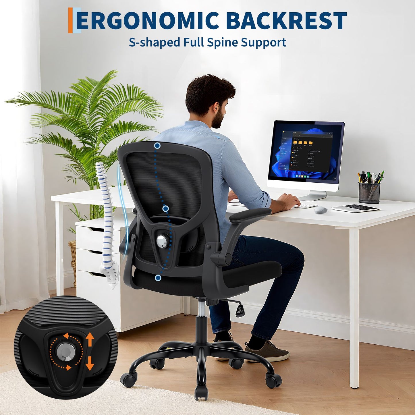 Ergonomische Bureaustoel – Kantoostoel – Statafelstoel – Bureaustoel Zwaar – Werkstoel – Zwart – Draagkracht Tot 160 kg – Verstelbare Lendensteun