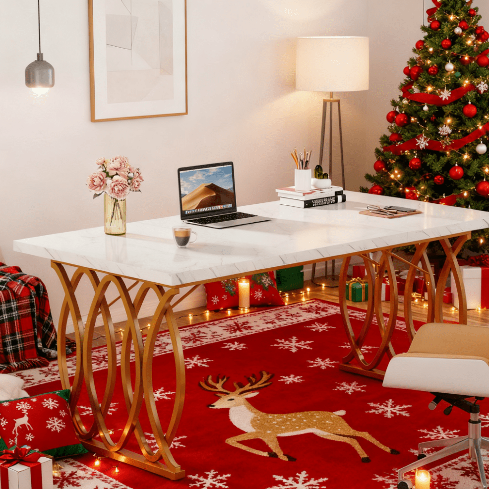 Grote Eettafel – Tafel – Eetkamertafel – Design Tafel – MDF Tafel – Wit Faux Marmer Blad – Gouden Geometrische Poten – 160 cm – Voor 4-6 Personen