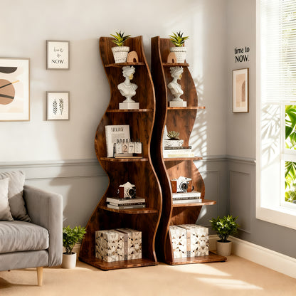 Boekenplank – Boekenrek – Wandplank – Wandrek – Boekenhouder – 5 Laags – Vrijstaand MDF Hout – Golvend Design – Retro Bruin