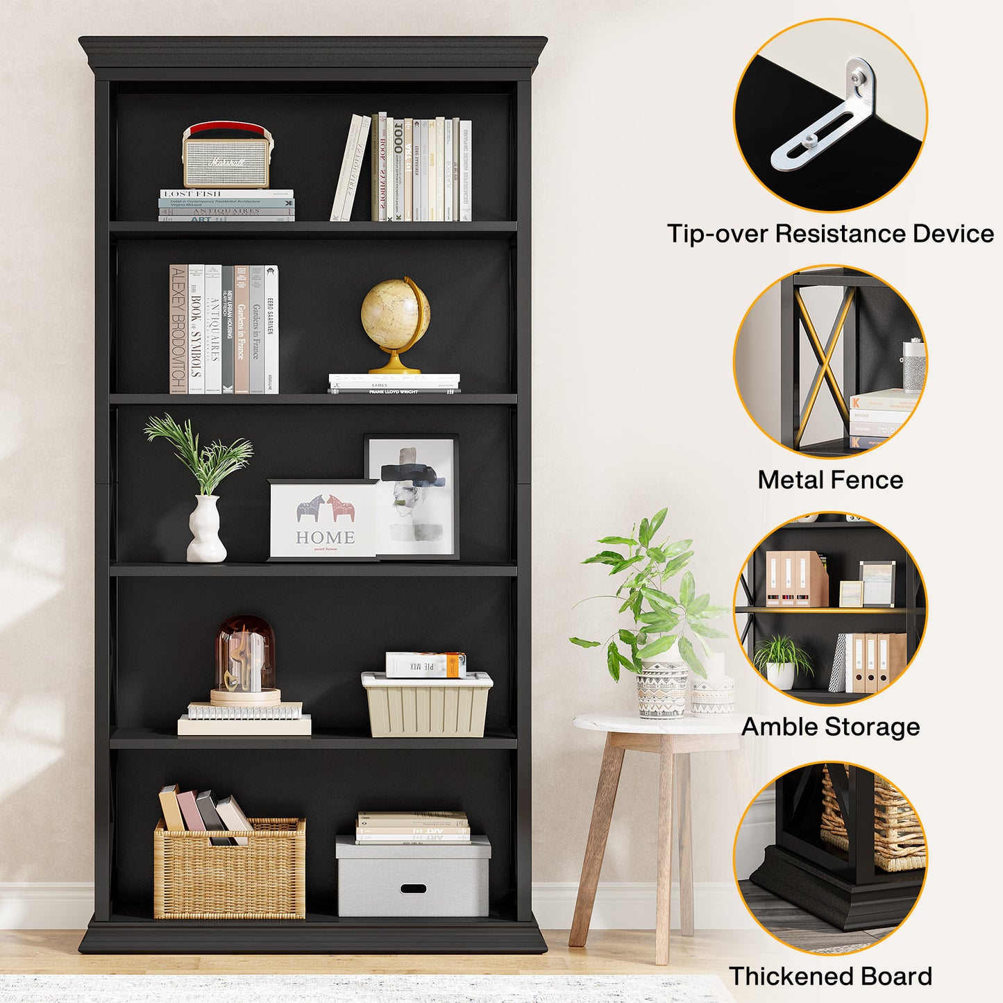 Boekenkast – Boekenplank – Vakkenkast – Opbergkast – Stellingkast – Zwart – 5 Laags – Massief Hout Met Metaal – Open Achterkant – Stevig & Compact