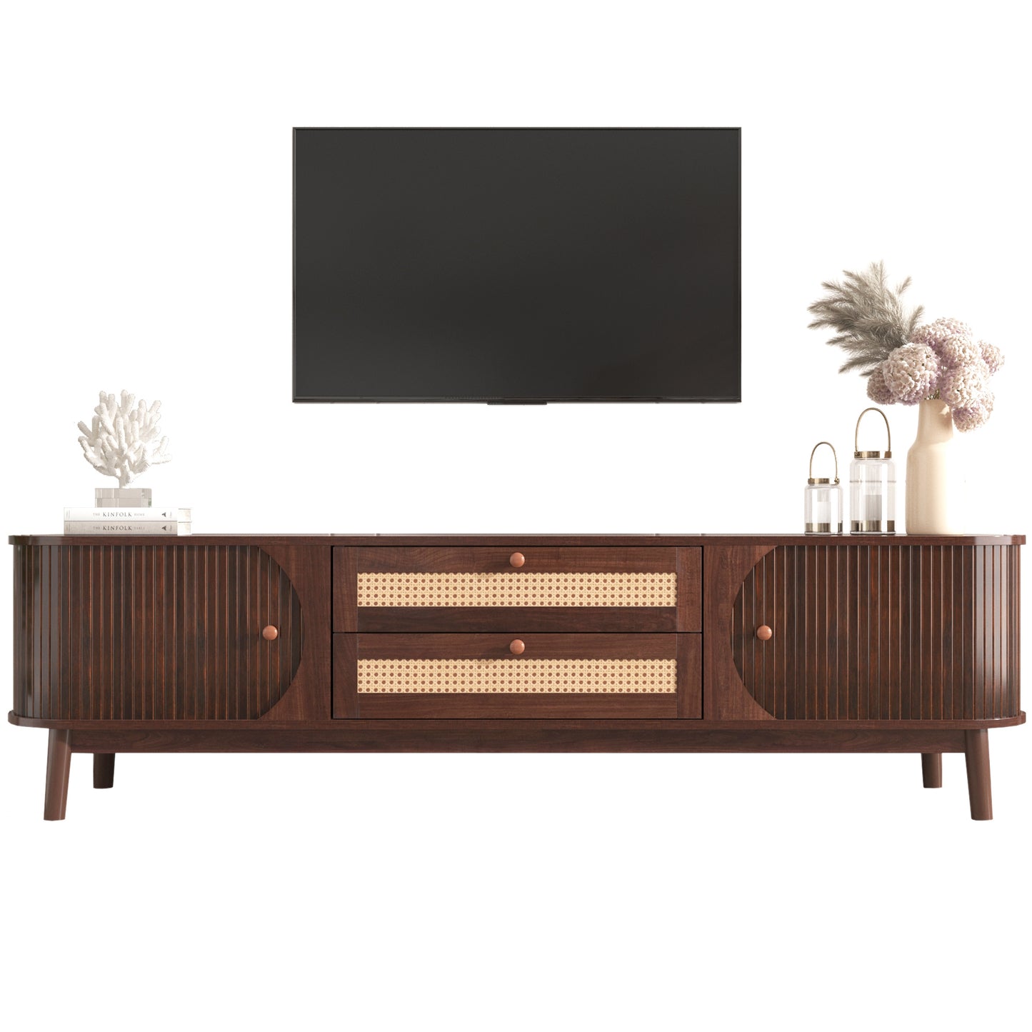 BTM TV Cabinet - Natural Wood Blend TV Stand with Doors and Drawers, Rattan Sides, Storage Solution, Natural Country Style