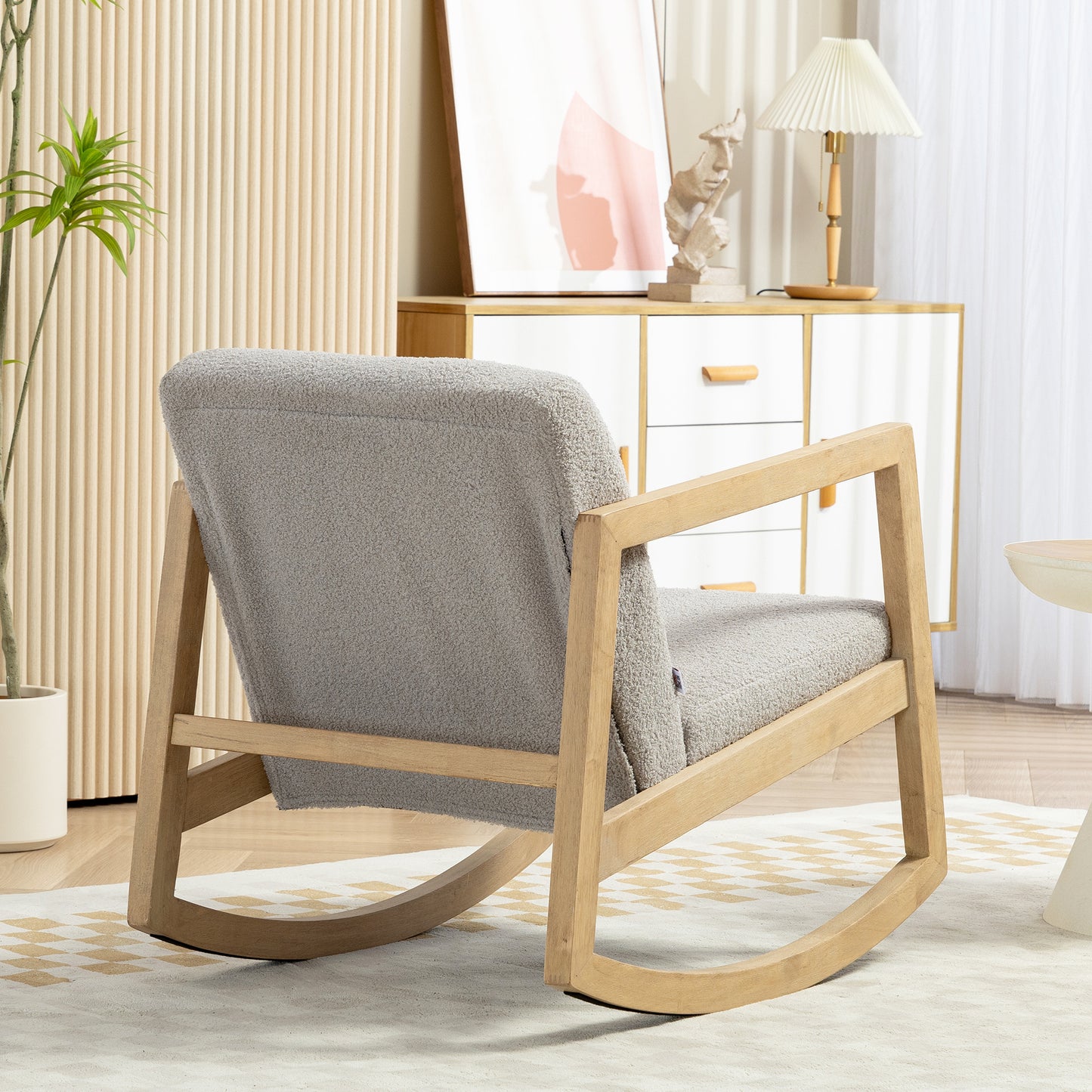 Schommelstoel – Relaxstoel – Fauteuil – Loungestoel – Schommelstoel Babykamer – Bouclé Wollook – Massief Hevea Houten Frame – 60x81x71 cm