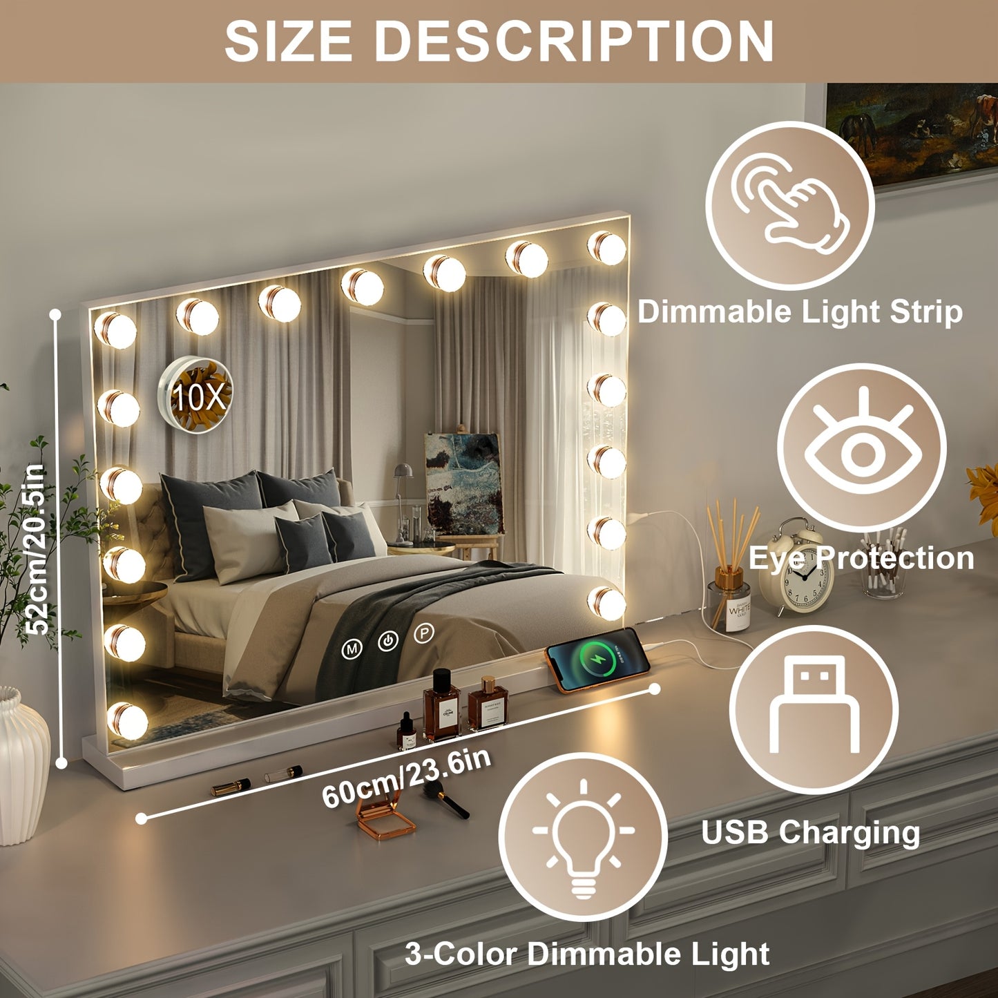 Make-up spiegel – Beautyspiegel – Vergrootspiegel – Verlichte spiegel – Scheerspiegel – 59x52 cm – 17 dimbare LED’s – 3 lichtstanden – USB-aangedreven – Dual mount design