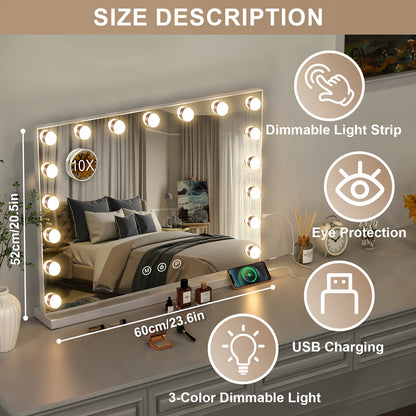 Make-up spiegel – Beautyspiegel – Vergrootspiegel – Verlichte spiegel – Scheerspiegel – 59x52 cm – 17 dimbare LED’s – 3 lichtstanden – USB-aangedreven – Dual mount design