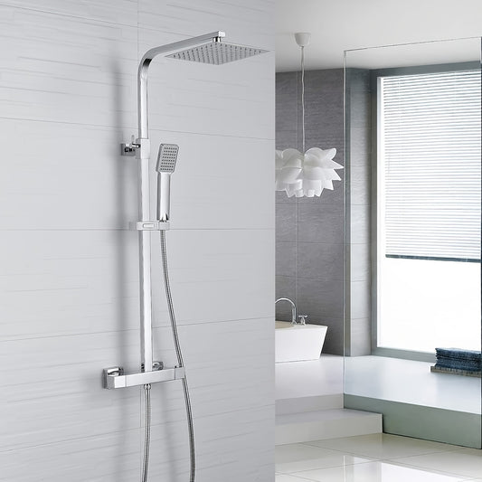 Thermostatische Doucheset – Regendouche – Handdouche – Douchepaneel – Badkamerkraan – Antiek Messing – Verstelbare Hoogte 70-120 cm – 8 Inch Regendouchekop