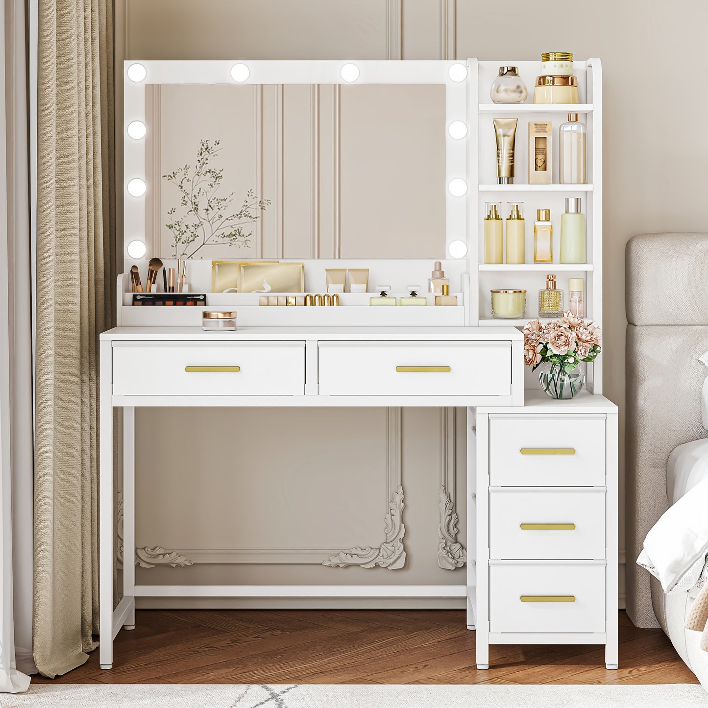 Kaptafel – Make-up Tafel – Dressing Table – Vanity Table – Toilet Tafel – Wit – Grote Spiegel – 5 Lades & 5 Open Vakken – Compact & Functioneel – 40x110x141 cm