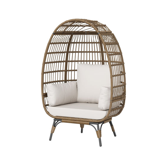 Oversized Rattan Ei Stoel – Lounge Stoel – Hangstoel – Tuinstoel – Balkonstoel – Weerbestendig PE Rattan – Zachte Afneembare Kussens – Bruin-1