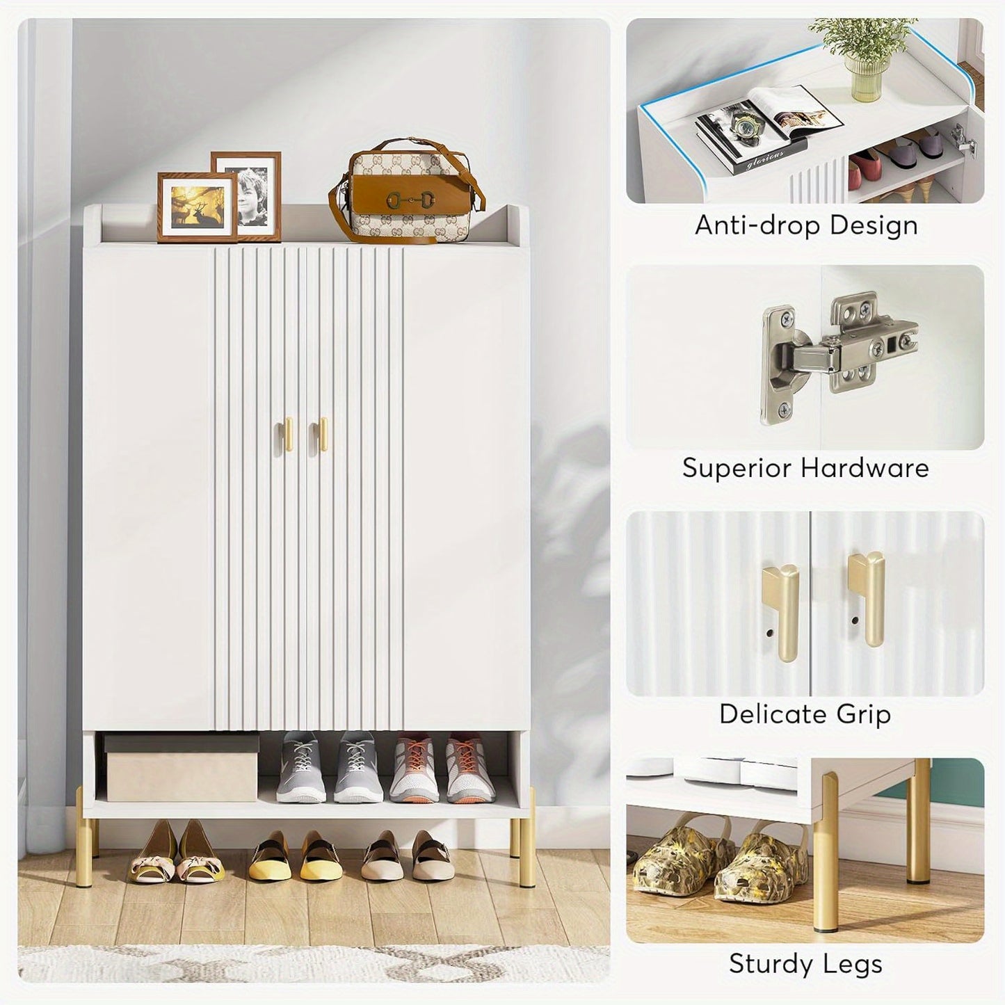 Schoenenkast – Schoenopberger – Schoenrek – Schoenmeubel – Schoenhouder – 6-laags Met Deuren – Verstelbare Planken – Wit Met Gouden Poten