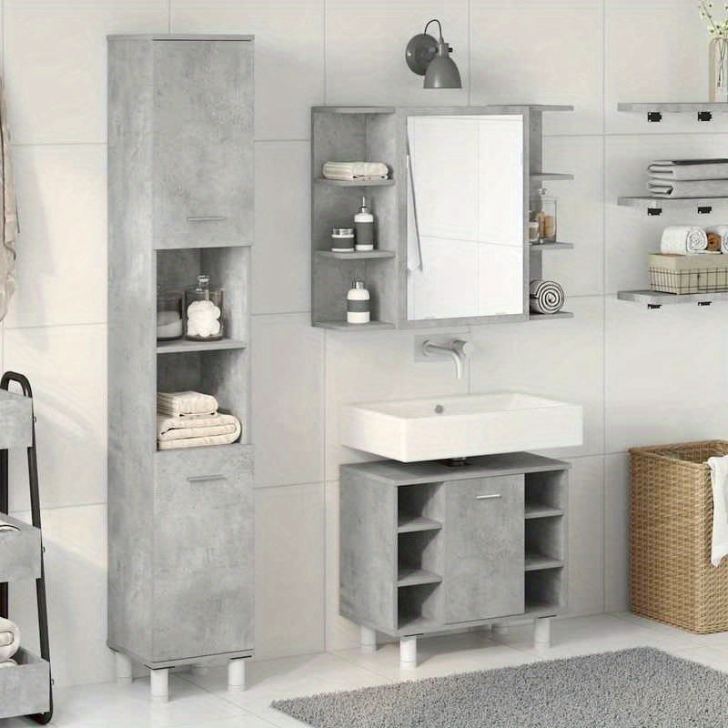 Badkamermeubelset – Badmeubelset – Wastafelmeubel – Badkamerkast – Spiegelkast – 3-delig – Betongrijs Houtlook – Duurzaam Materialen – Zonder Stroom