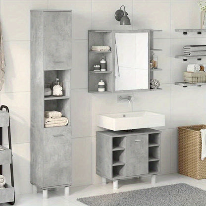 Badkamermeubelset – Badmeubelset – Wastafelmeubel – Badkamerkast – Spiegelkast – 3-delig – Betongrijs Houtlook – Duurzaam Materialen – Zonder Stroom