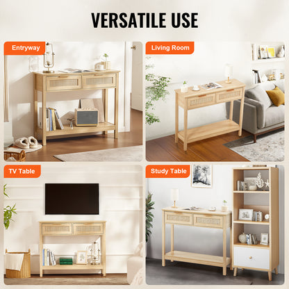 Sidetable – Wandtafel – Consoletafel – Haltafel – Bijzettafel – Natuurlijk Rattan – 2 Lades – Stevige MDF Constructie