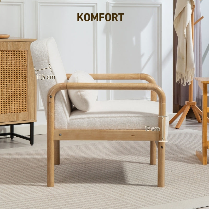 Fauteuil – Loungestoel – Leunstoel – Zithoekstoel – Relaxstoel – Wit Bouclé – Ruim Zitvlak 58,5x57 cm – Stevig Rubberhouten Frame Draagkracht 150 kg