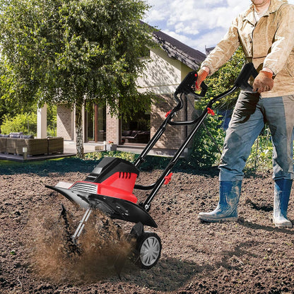 Elektrische Cultivator – Tuinfrees – Grondbewerker – Mini Tiller – Elektrische Hark – 13,5 Amp Motor – 6 Scherpe Messen – Inklapbaar Handvat – Verstelbare Wielen – Rood/Zwart