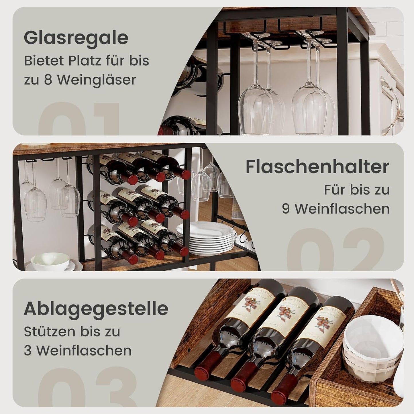Serveerwagen – Barwagen – Trolley – Wijnkar – Serveerkar – 3-laags Ontwerp – Robuust Hout & Metaal – 8 Wijnglazen & 9 Flessenhouder – 4 Wielen Met Remmen – Rustiek Bruin