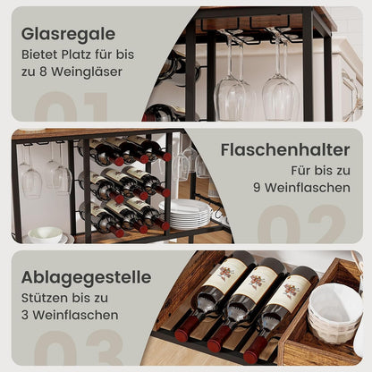 Serveerwagen – Barwagen – Trolley – Wijnkar – Serveerkar – 3-laags Ontwerp – Robuust Hout & Metaal – 8 Wijnglazen & 9 Flessenhouder – 4 Wielen Met Remmen – Rustiek Bruin