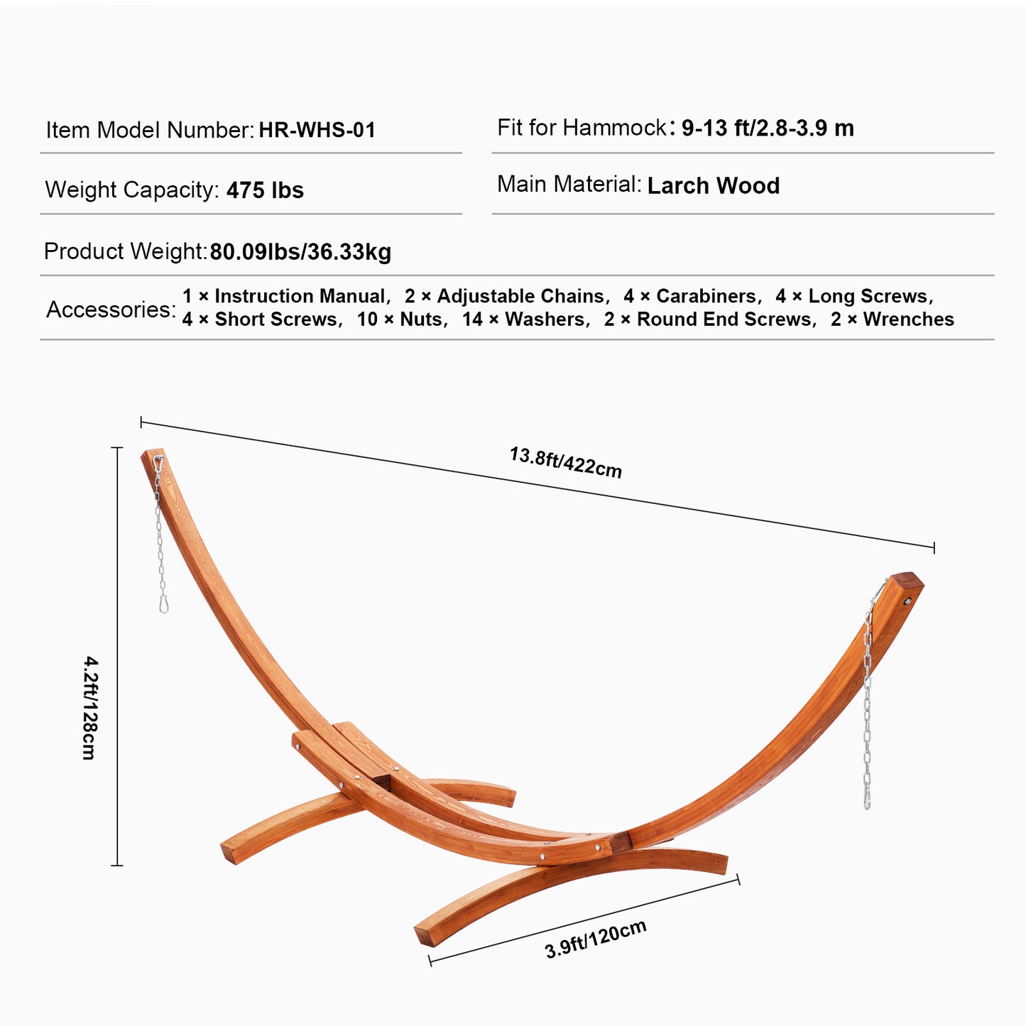 Houten Hangmatstandaard – Hangmat Frame – Houten Standaard – Boogvormige Steun – Outdoor Relaxstoel – Voor Hangmatten 270-400 cm – Verstelbare Hoogte – Draagkracht 215 kg