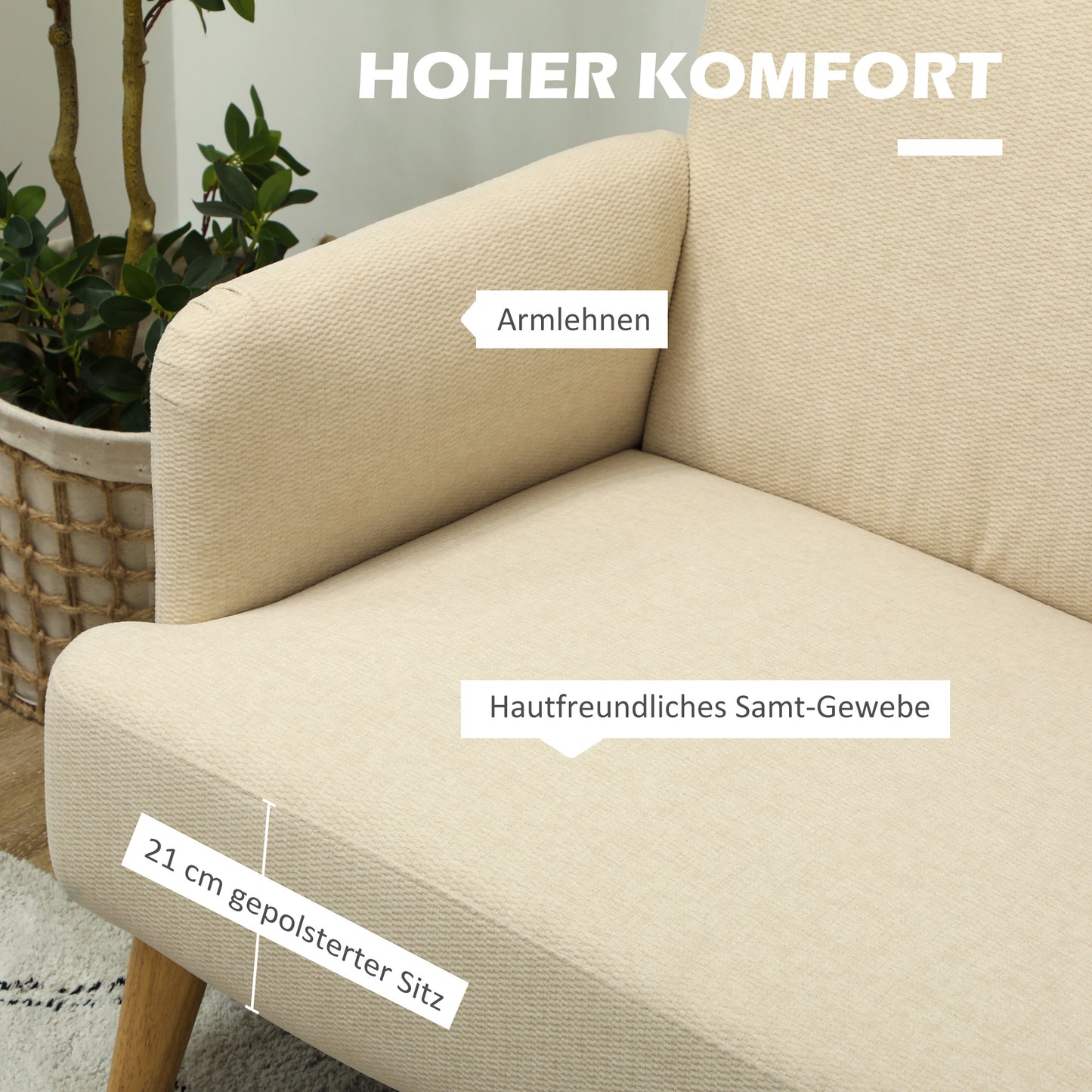 Tweezitsbank – 2-zitsbank – Bankje – Zitbank – Loveseat – Compact Design – Huidvriendelijke Crème Bekleding – Draagvermogen 240 kg – Afmeting 130x74x79 cm