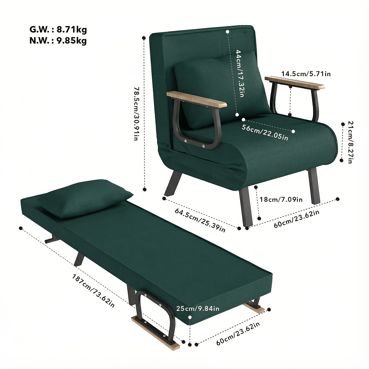 Slaapstoel – Slaapfauteuil – Vouwstoel – Zetelbed – Stoelbed – Matcha Groen – 5-Standen Verstelbare Rugleuning – Traagschuim Comfort