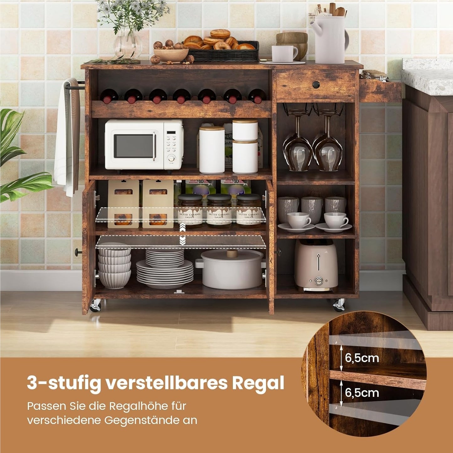 Keukentrolley – Serveerwagen – Keukenwagen – Werktafel – Dessertewagen – Uitklapbaar Werkblad – Wijnrek Voor 7 Flessen – Houten Keukenwagen Bruin