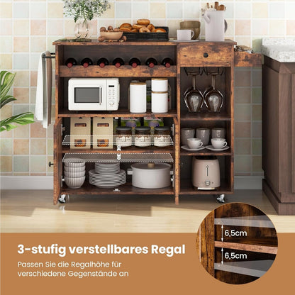 Keukentrolley – Serveerwagen – Keukenwagen – Werktafel – Dessertewagen – Uitklapbaar Werkblad – Wijnrek Voor 7 Flessen – Houten Keukenwagen Bruin