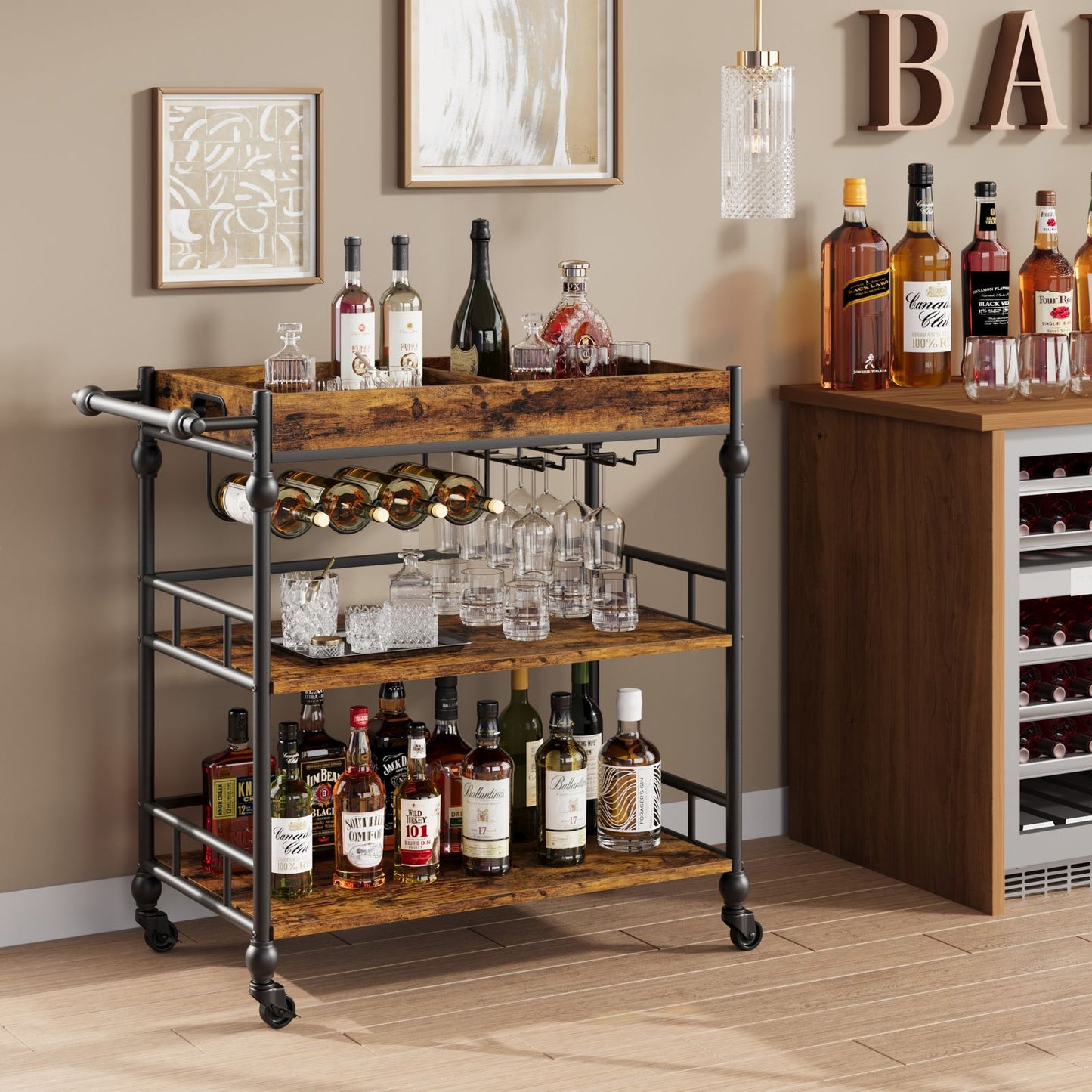 Mobiele Barwagen – Serveerwagen – Trolley – Wijnkar – Drinkkar – Retro Kleur – Hardhout – 4 Draaibare Wielen