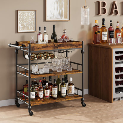 Mobiele Barwagen – Serveerwagen – Trolley – Wijnkar – Drinkkar – Retro Kleur – Hardhout – 4 Draaibare Wielen