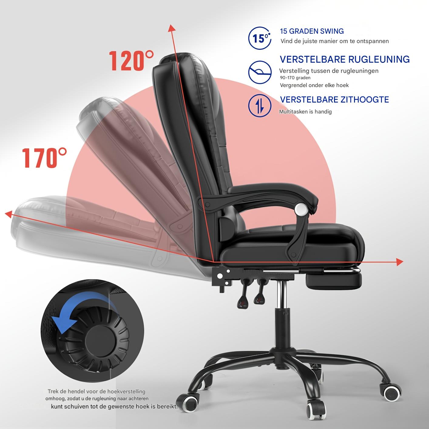 Bureaustoel – Kantoorstoel – Office Chair – Gamestoel – Draaistoel – Verstelbare Rugleuning – Ingebouwde Voetensteun – Ergonomische Rugondersteuning – 360° Draaibaar – Zwart