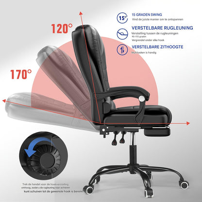 Bureaustoel – Kantoorstoel – Office Chair – Gamestoel – Draaistoel – Verstelbare Rugleuning – Ingebouwde Voetensteun – Ergonomische Rugondersteuning – 360° Draaibaar – Zwart