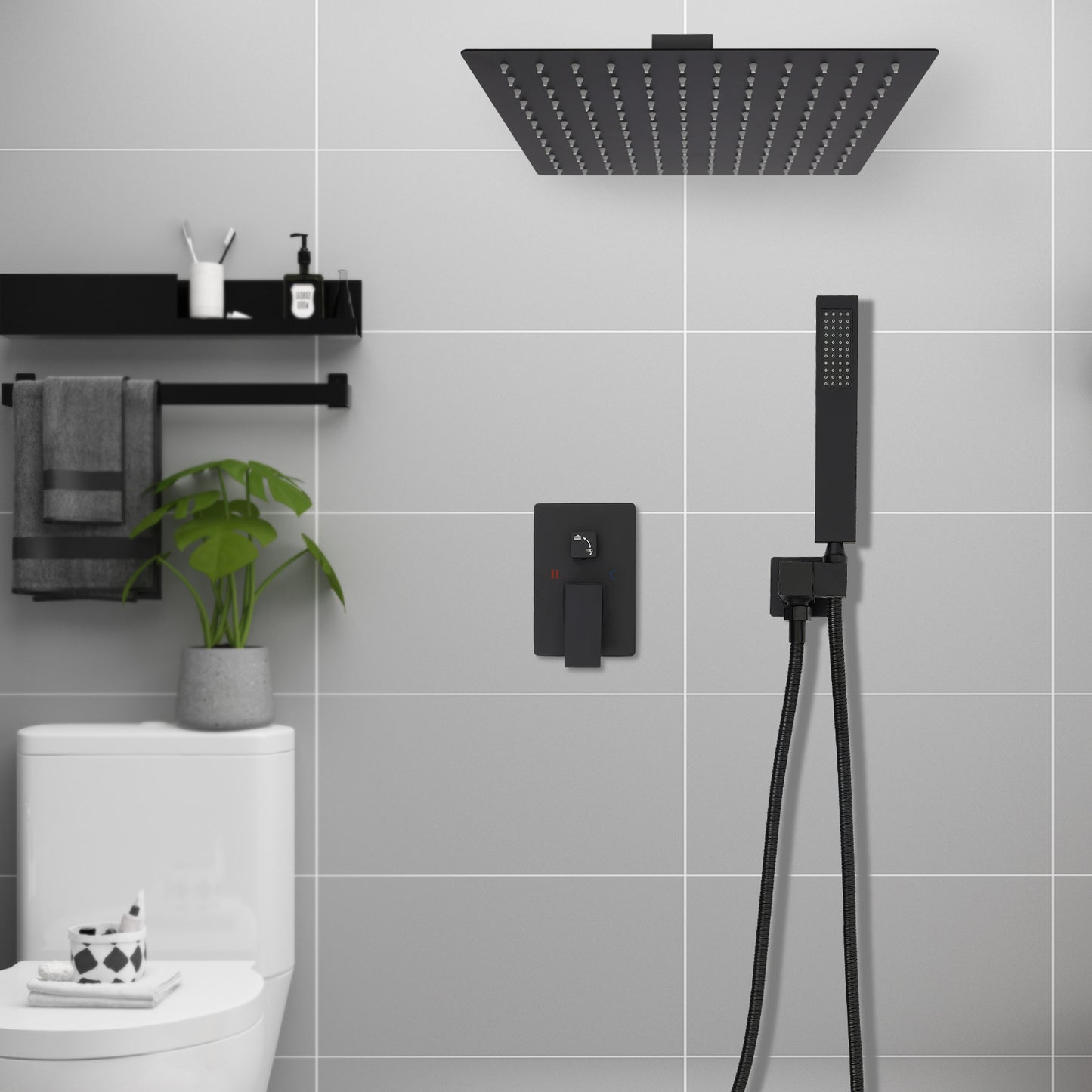 Regendouche – Regenval Douche – Doucheset – Douchekop – Douchekolom – Mat Zwart – 30 cm Hoofddouche – RVS en Messing