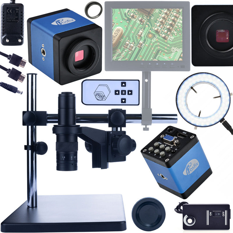 Professionele Digitale Microscoop met Verstelbare Arm 0.5X PZRR - Blauwe HDMI/VGA Camera + Verstelbare Standaard + LED Ringlamp - Ideaal voor Soldeerwerk, PCB Inspectie en Precisie Reparaties
