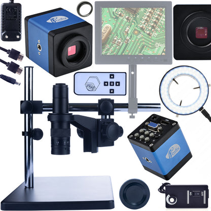 Professionele Digitale Microscoop met Verstelbare Arm 0.5X PZRR - Blauwe HDMI/VGA Camera + Verstelbare Standaard + LED Ringlamp - Ideaal voor Soldeerwerk, PCB Inspectie en Precisie Reparaties