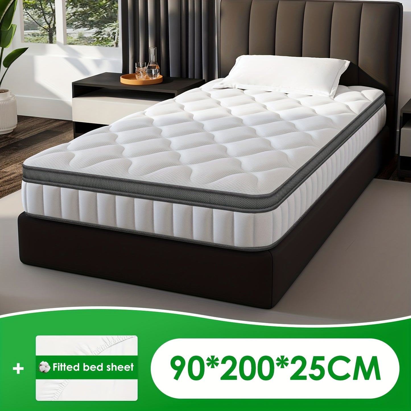 Premium Quality | Gronfont Mattress 90x200 Cm, Height 25cm, Premium Pocket Spring Mattress, Ergonomic 7-zone Mattress, Firmness Grade H3, Spring Mattress With Fitted Sheet, Mattress For Adults