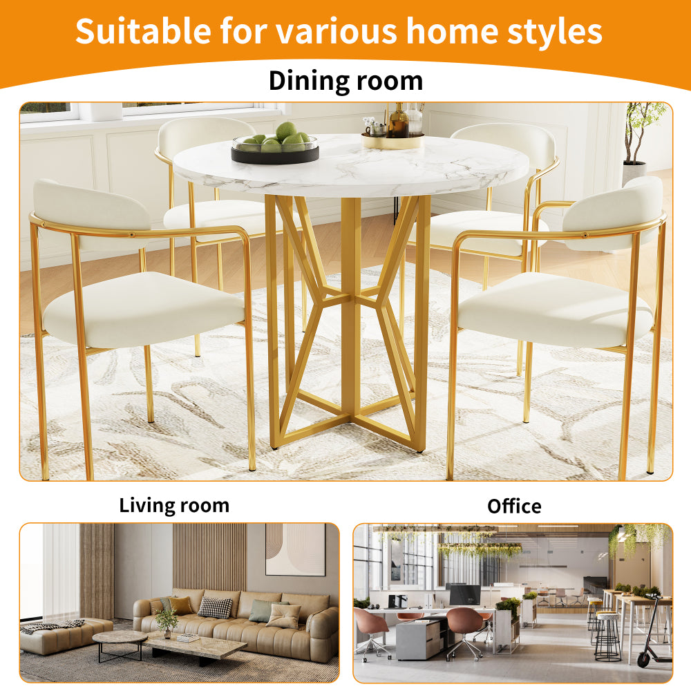 Ronde Eettafel – Tafeltje Rond – Ronde Tafel – Eetkamertafel Rond – Kleine Tafel – Luxe Marmerlook MDF Blad – Gouden Metalen Poot – 80x80x76 cm – Geschikt voor 4-6 Personen