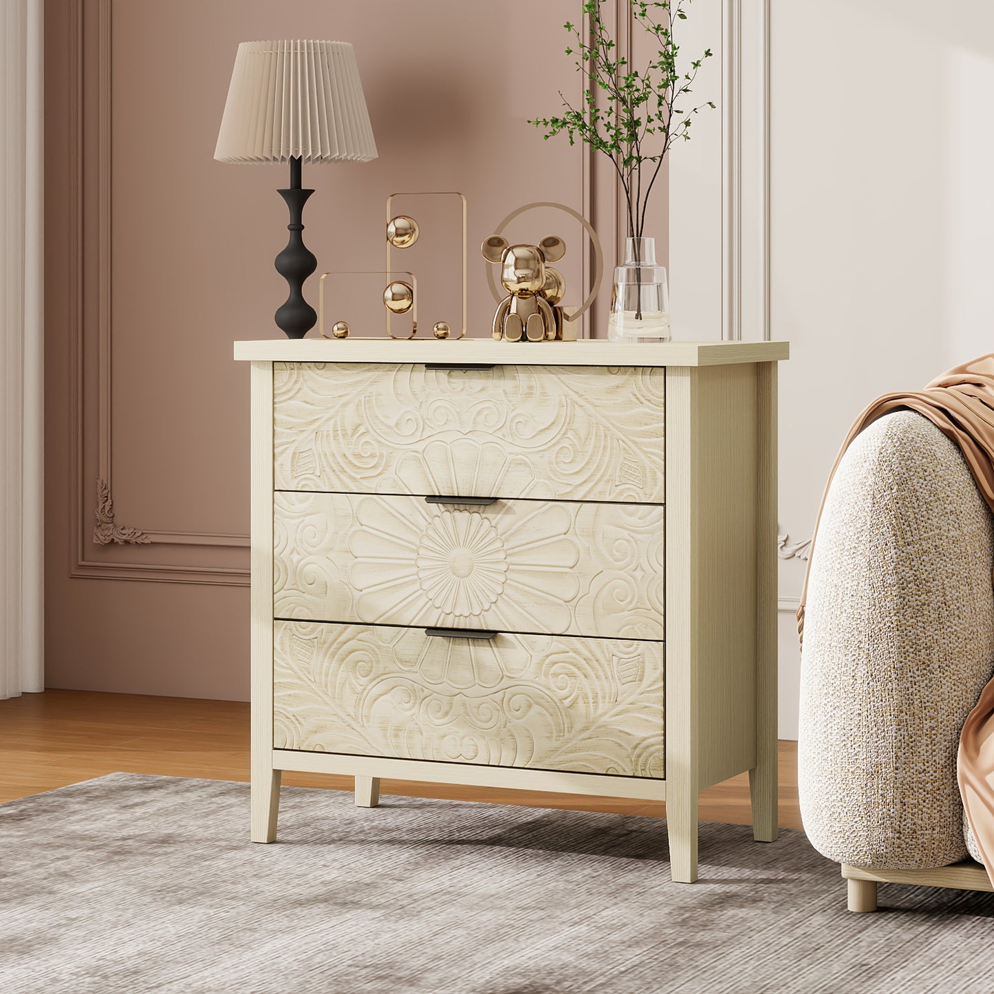 Opbergkast – Ladekast – Bergkast – Nachttafel – Dressoir – Khaki Rattan – 3 Laden – Compact Design
