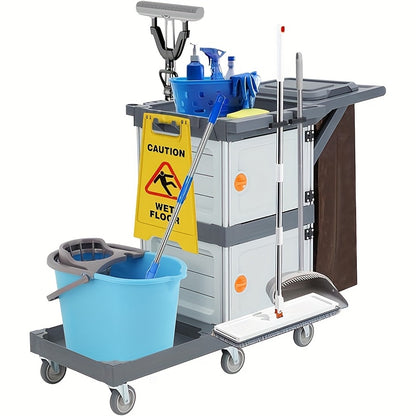 Heavy-Duty Commercial/Residential Cleaning Cart with Double Compartment Trash Bin, Lockable Lid & Silent All-Terrain Wheels - 4-Drawer-like Design Lawn/Garden Waste Collector for Parks, Sites, Homes (No-Start Vehicle