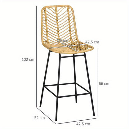 Boho Barstoelen – Barkrukken – Hoge Stoelen – Zitkrukken – Keukenstoelen – PE Rotan Vlechtwerk – Met Voetensteun – Kussen – Zwarte Metalen Poten – Set Van 2 – Mosterdgeel – Ruimtebesparend – Eenvoudige Montage