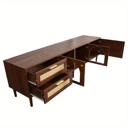 180cm TV Meubel – Tv Stand Living Room – Meubel Tv Met Rattan Lades – Tv Kast Met Glasdeuren – Entertainment Center – Metaal Frame – Stijlvol Design