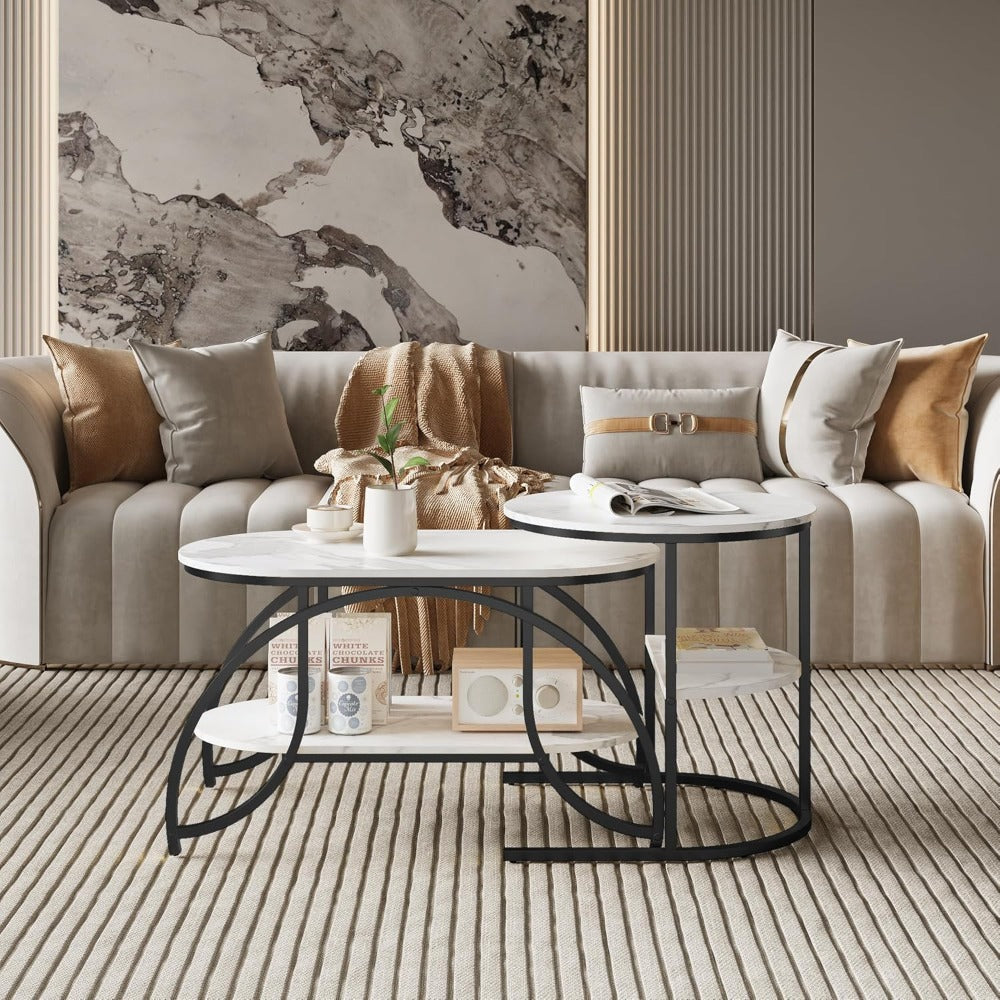 Salontafel – Bijzettafel – Woonkamertafel – Koffietafel – Tafelset – Ronde Tafels – Marmerlook Blad – Gouden Metalen Poten