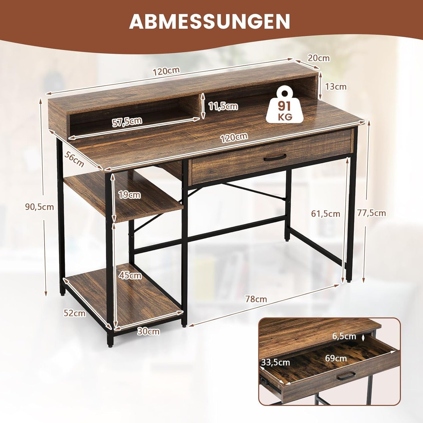 Computertafel – Bureau – PC Tafel – Werktafel – Kantoortafel – Rustiek Bruin – Met Monitorstandaard – ruime Lade en Opbergruimte – Stabiel Metalen Frame – 120x56x90,5 cm