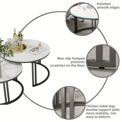 Salontafel – Bijzettafel – Woonkamertafel – Koffietafel – Nestbare Tafels – Set Van 2 – Wit Marmerlook – Zwart Metalen Frame – Groot 70x40 cm – Klein 57x35 cm