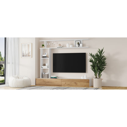 Tv Meubelset – Tv Meubel – Wandmeubel – Mediameubel – Woonkamerkast – Wit en Houtkleurig Spaanplaat – Geschikt Voor Tv’s Tot 80 Inch – Compleet Met Staande En Wandplank