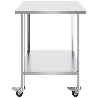 Roestvrijstalen Werktafel – Keukentafel – Werkbank – RVS Tafel – Industrieel Werkblad – 30x46x97 cm – 4 Zwenkwielen Met Rem – 3 Verstelbare Opbergplanken